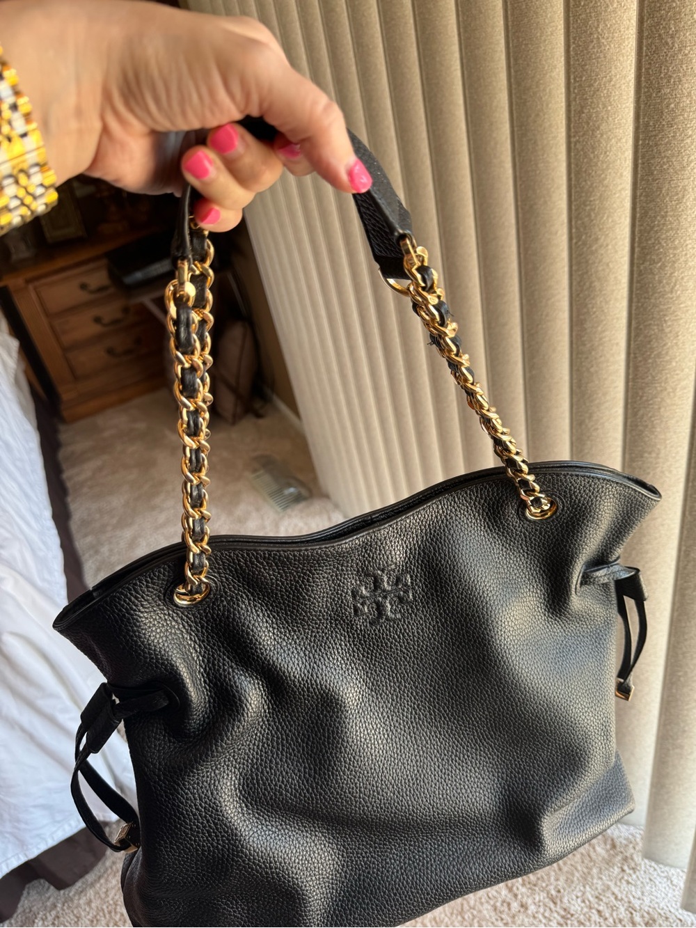 New Tory Burch Black Pebbled Leather Shoulder Bag with Gold Chain Handle